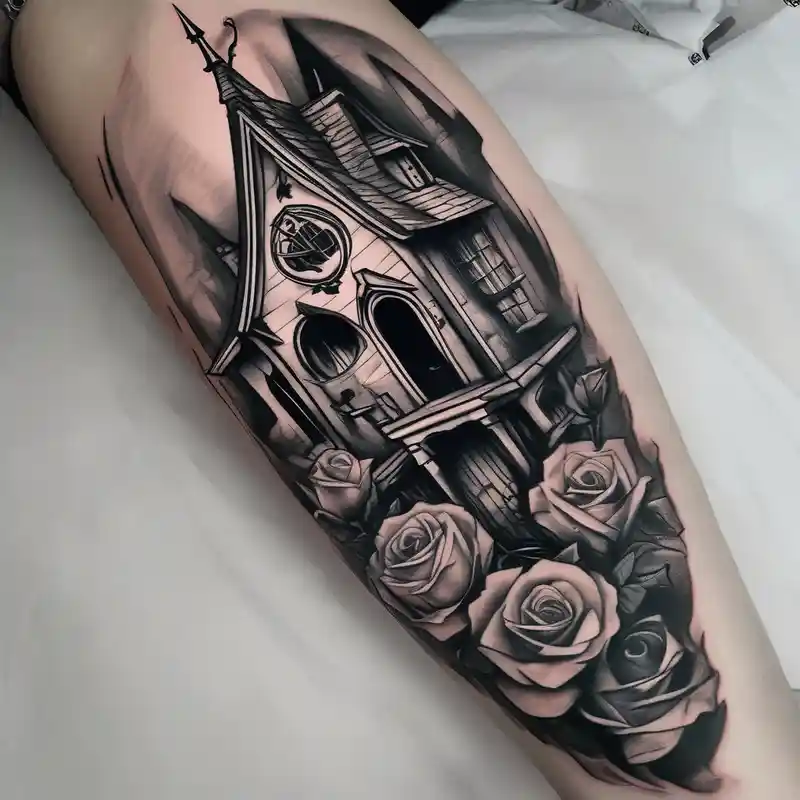 tattoo fool sleeve, old broken gothic home, broken sword, roses fishing tattoos